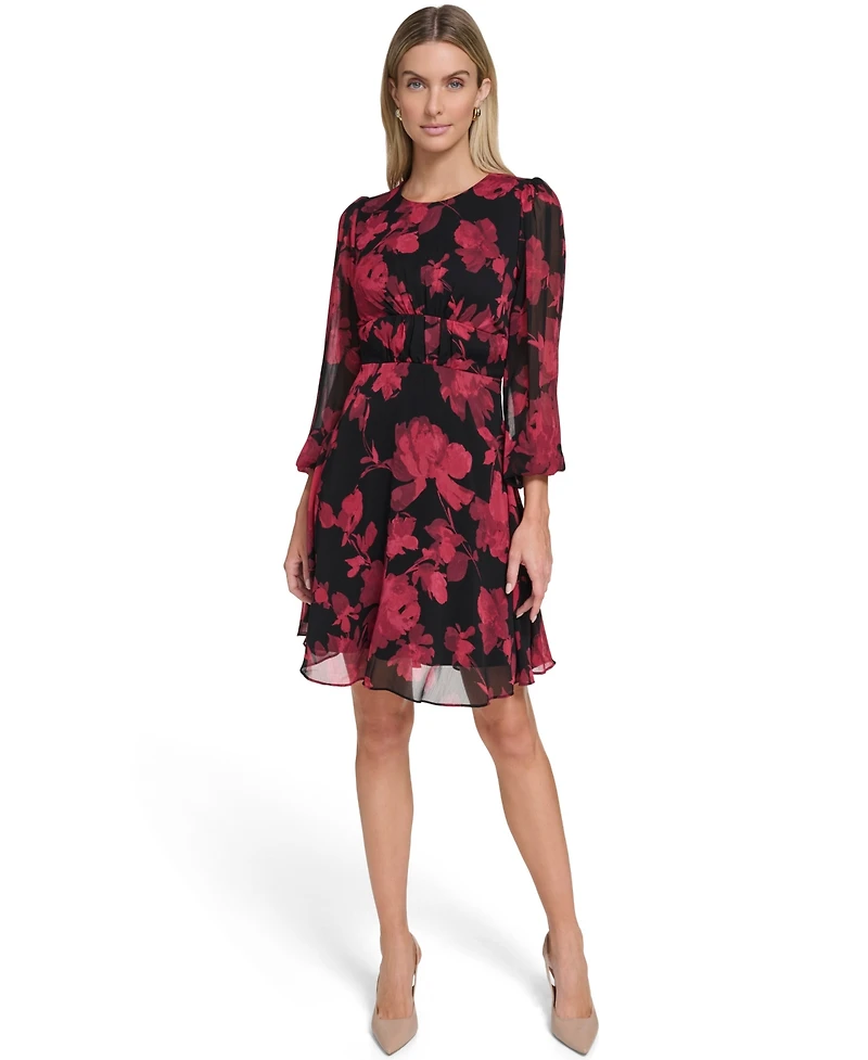 Calvin Klein Petite Printed Long-Sleeve A-Line Dress