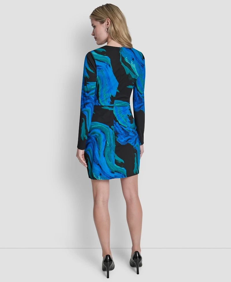 Dkny Women's Long Sleeve Jewel Neck Ruched Skirt Dress
