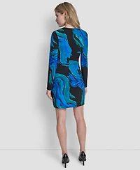 Dkny Women's Long Sleeve Jewel Neck Ruched Skirt Dress