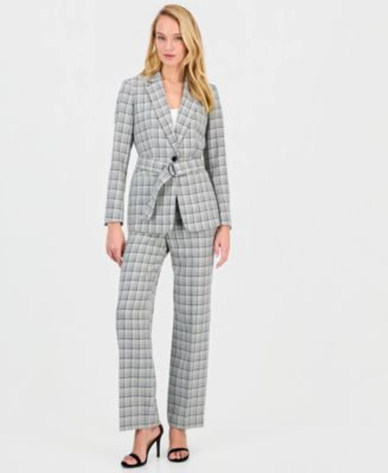 Anne Klein Womens Belted Notch Collar Long Sleeve Jacket Printed Mid Rise Pants
