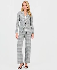 Anne Klein Womens Belted Notch Collar Long Sleeve Jacket Printed Mid Rise Pants