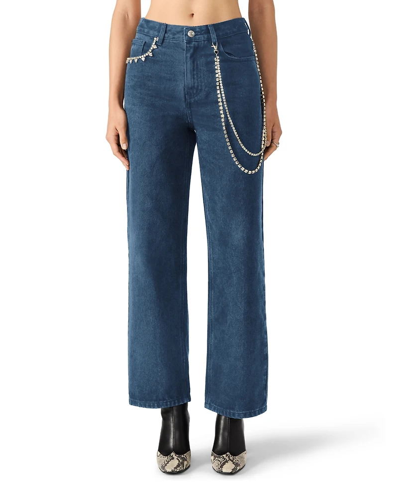 Steve Madden Women's Swift Mid-Rise Rhinestone Chain Jeans