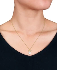 Macy's Cultured Freshwater Pearl (9-10mm) & White Sapphire Bow Pendant Necklace (1/10 ct. t.w.) in 18k Gold Flash Plated Sterling Silver