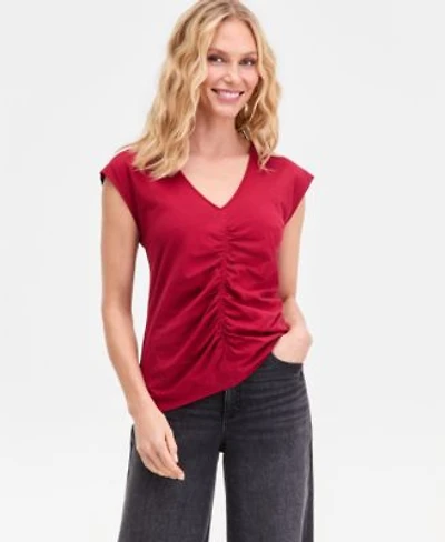 I.N.C. International Concepts Womens Cap Sleeve Ruched Cotton V Neck T Shirt Macys Exclusive