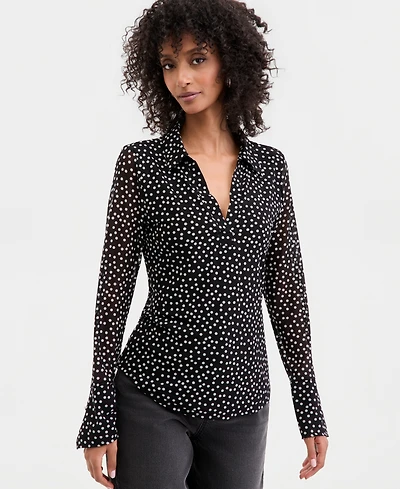 I.n.c. International Concepts Women's Long-Sleeve Printed Mesh Collared Top, Macy's Exclusive