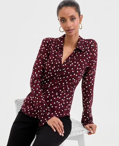 I.n.c. International Concepts Women's Long-Sleeve Printed Mesh Collared Top, Macy's Exclusive