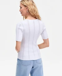 I.n.c. International Concepts Women's Short-Sleeve V-Neck Pointelle Rib Knit Sweater, Macy's Exclusive