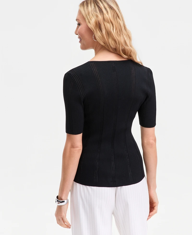 I.n.c. International Concepts Women's Short-Sleeve V-Neck Pointelle Rib Knit Sweater, Macy's Exclusive