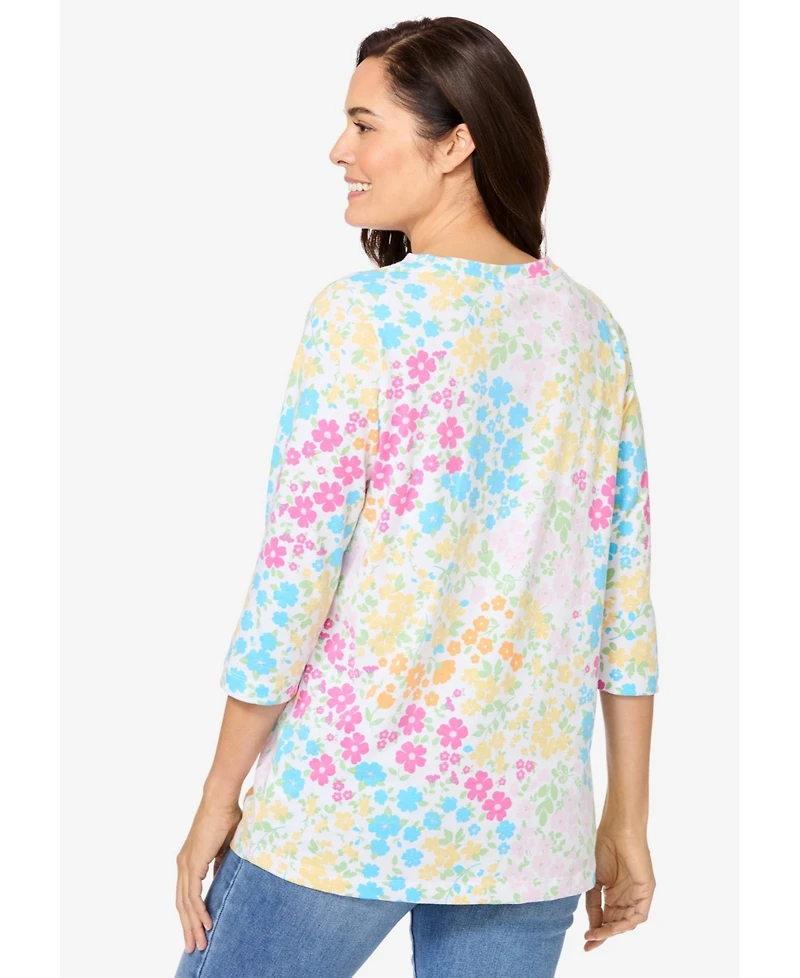 Woman Within Women's Perfect Printed Three-Quarter Sleeve V-Neck Tee