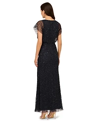 Adrianna Papell Women's Beaded Lace Blouson Boat Neck Dress