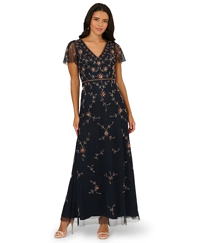 Adrianna Papell Women's Beaded V-Neck Long Dress