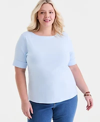 Style & Co Plus Boat-Neck Elbow Sleeve Cotton Top
