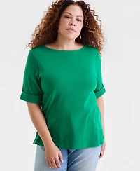 Style & Co Plus Boat-Neck Elbow Sleeve Cotton Top