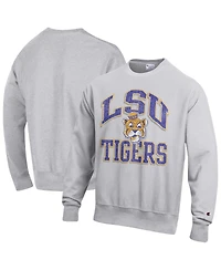 Champion Men's Gray Lsu Tigers Distressed Arch Over Logo Reverse Weave Crew Neck Sweatshirt