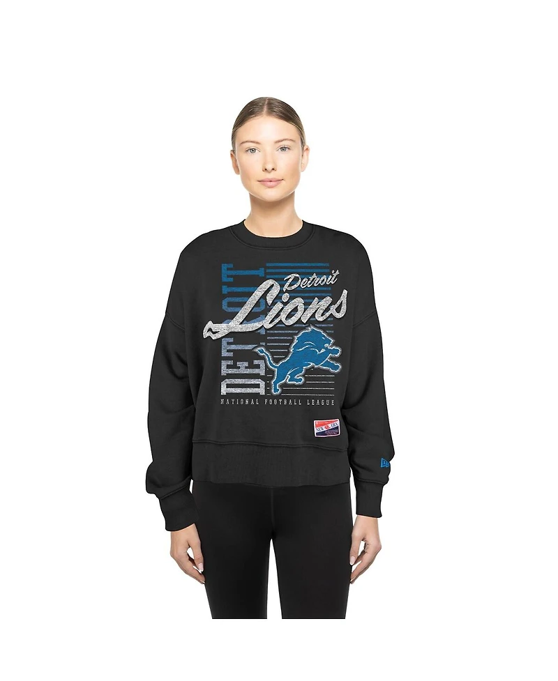 New Era Women's Black Detroit Lions Oversized Throwback Mineral Wash Crew Neck Sweatshirt