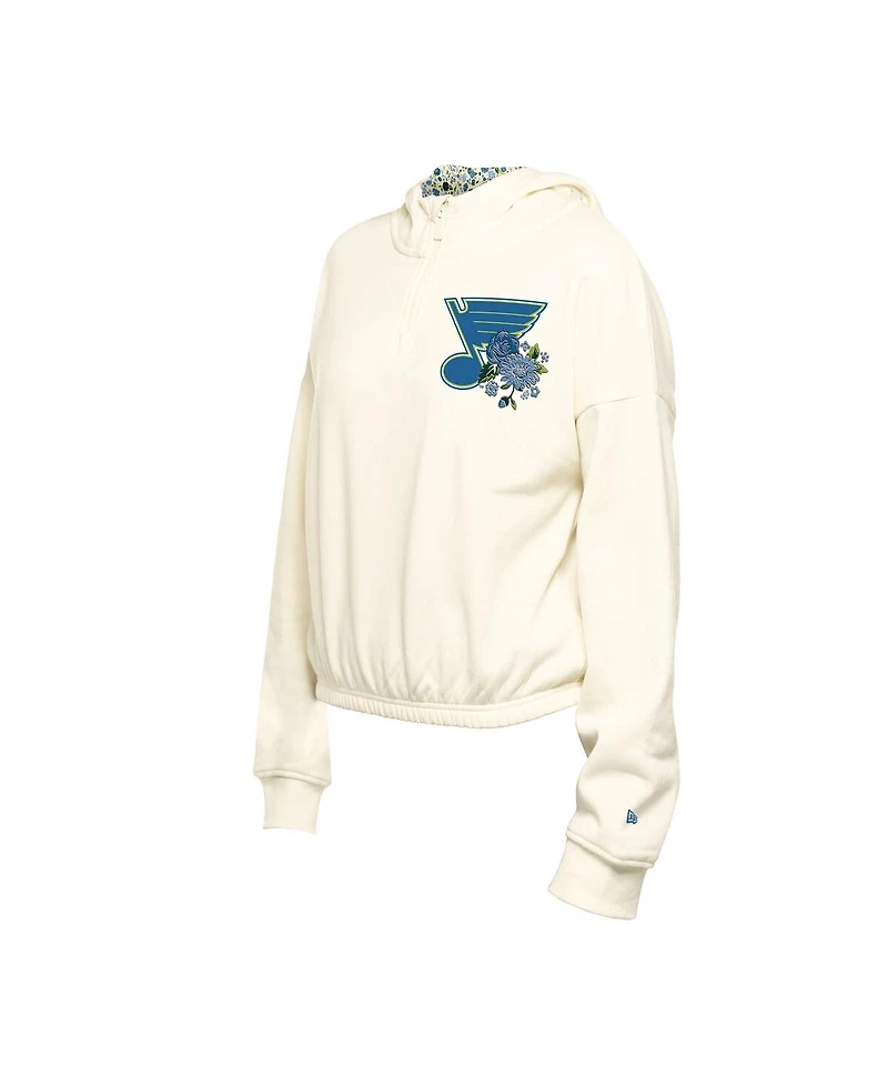 New Era Women's Cream St. Louis Blues Glam Game Quarter-Zip Cropped Floral Pullover Hoodie