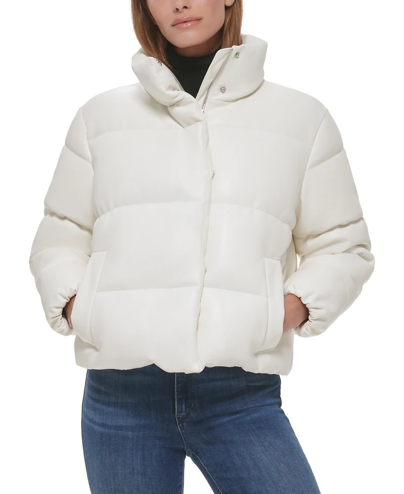 Calvin Klein Women's Short Faux-Leather Puffer Jacket
