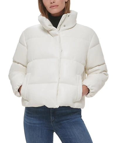 Calvin Klein Women's Short Faux-Leather Puffer Jacket
