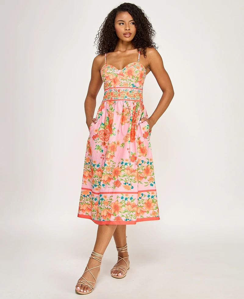 Seni & Cade Juniors' Floral Printed Sweetheart Neck Midi Dress