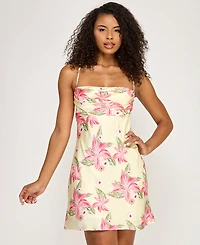 Seni & Cade Juniors' Floral Square Neck Back Strap Satin Dress