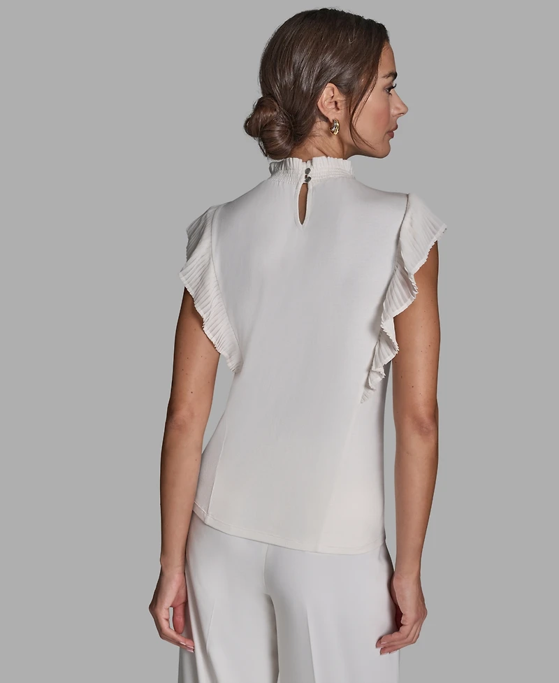 Bcbg Women's Pleated Mock Neck Flutter Sleeve Top