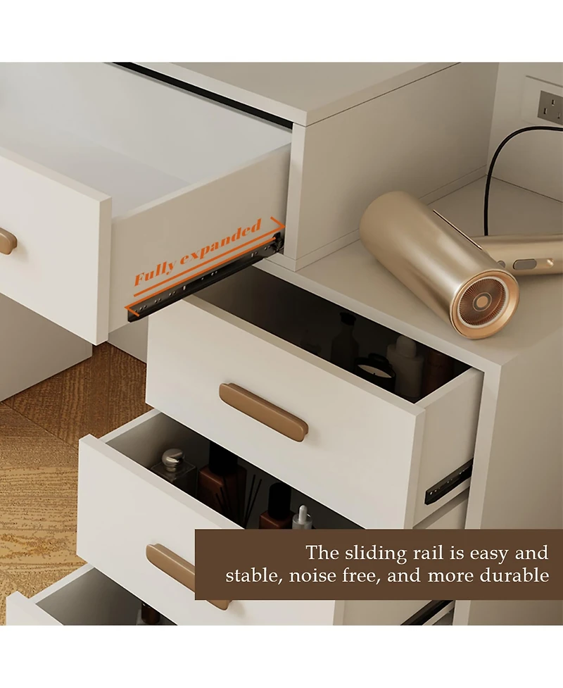 Dyhome Vanity Desk with Mirror and Lights and Charging Station with 7 Drawers & 3 Cabinets