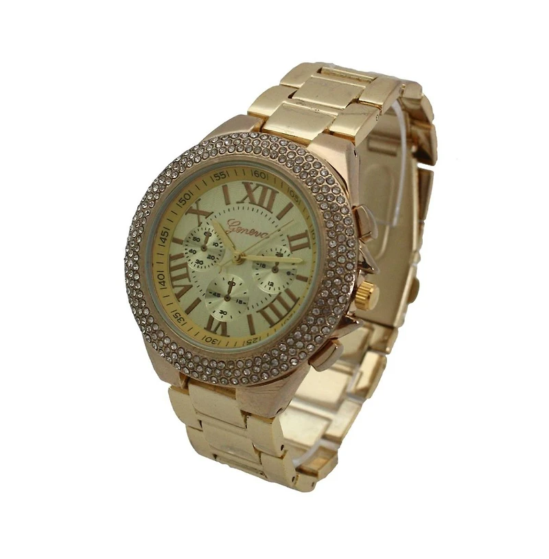 Gold Classy 3-Dial and Rhinestone Bezel Metal Watch