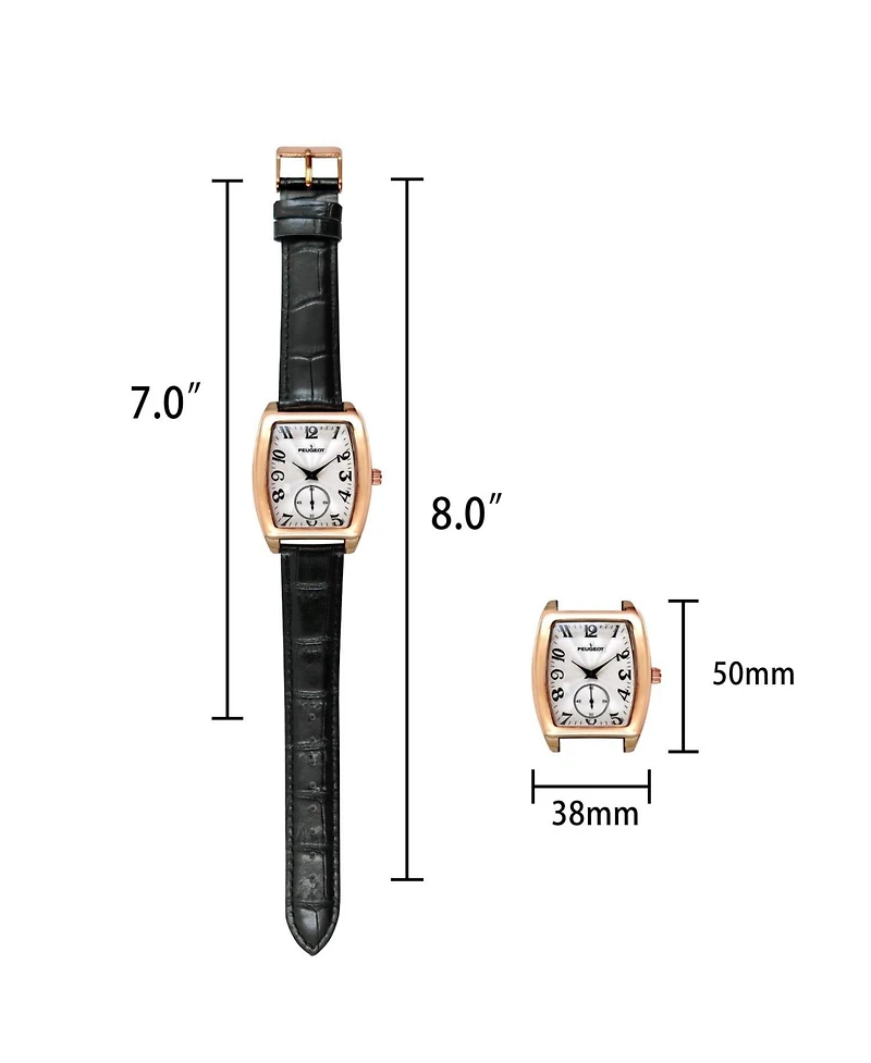 Peugeot Men's Vintage 49mm x 38mm Rose Gold Tonneau Shaped Watch with Black Leather Band