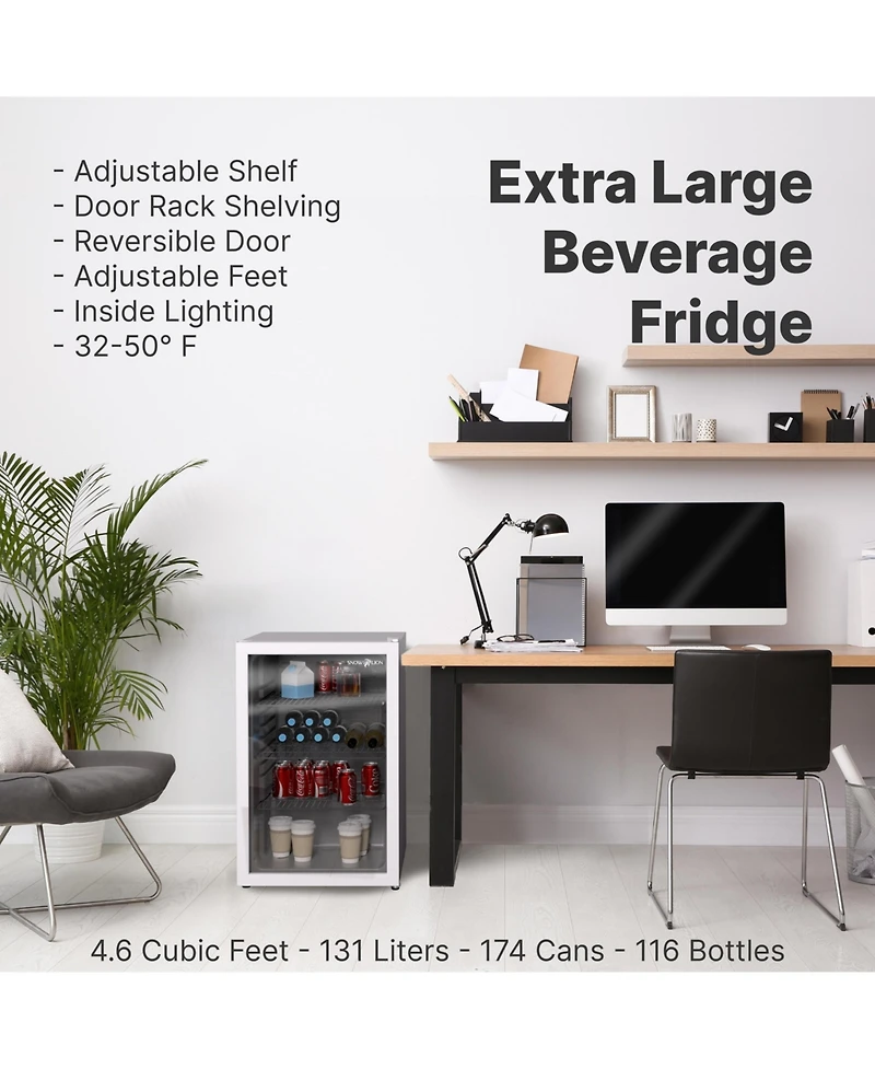 Premium 131 L Glass Door Beverage Refrigerator 4.6 Cu. Ft. Freestanding Mini Fridge in White