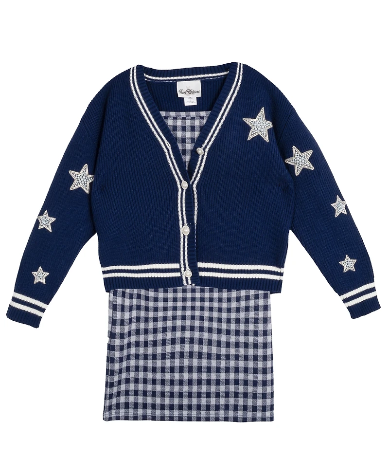 Rare Editions Girls 7-16 Varsity Cardigan with Gingham Dress, 2-Piece Set