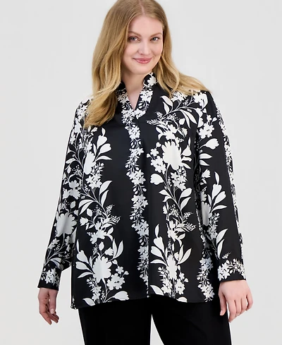 Anne Klein Plus Printed Long-Sleeve Popover Blouse