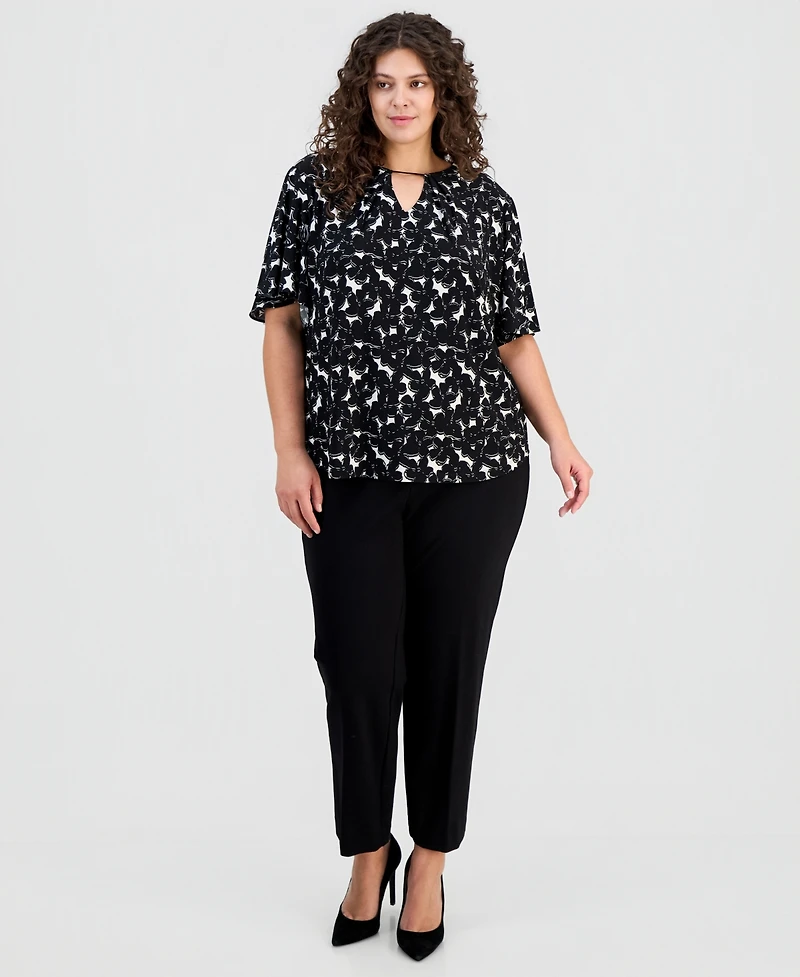 Anne Klein Plus Printed Short-Sleeve Keyhole Top