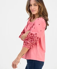 Style & Co Petite Square-Neck Embroidered 3/4-Sleeve Blouse, Macy's Exclusive