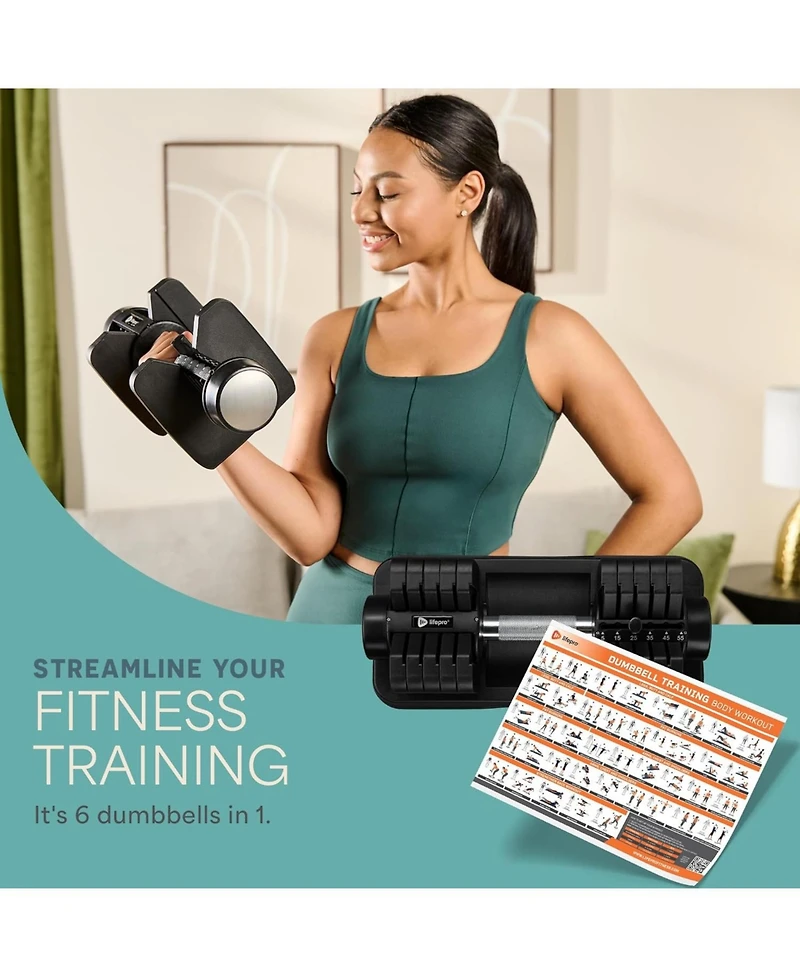 Lifepro Adjustable Dumbbell Set with Rack – 5-in-1 Quick-Change Hand Weights, 15lb, 25lb, or 43lb – Compact Adjustable Dumbbells for Men