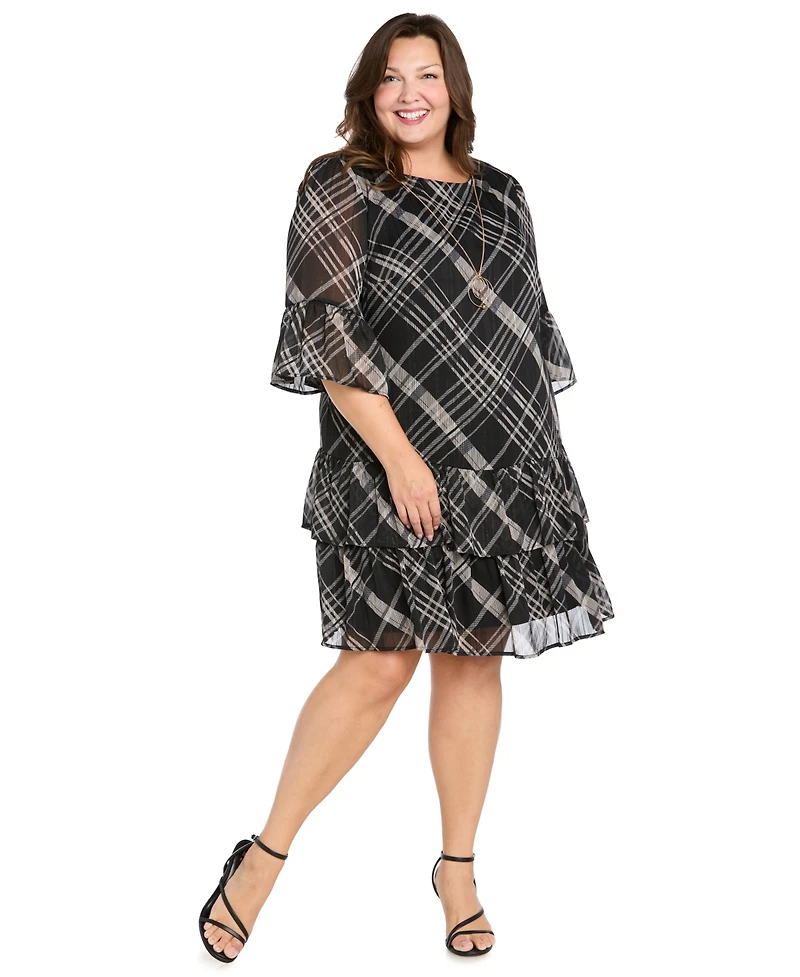 R & M Richards Plus Size Tiered Plaid Short Dress