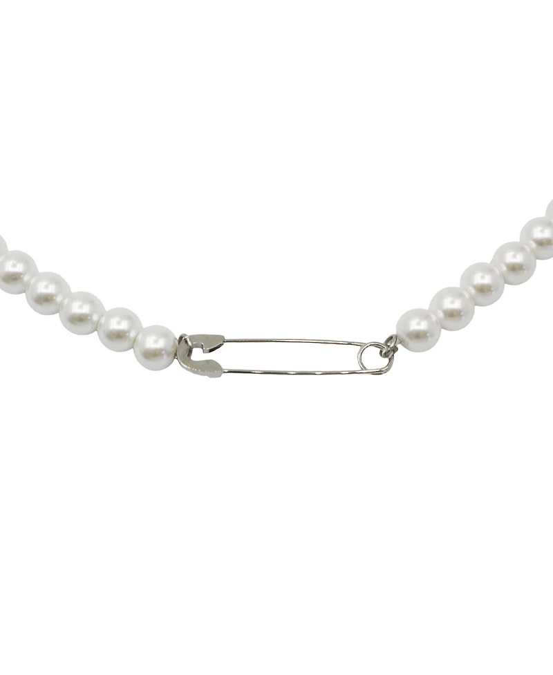 Rebl Jewelry Glass Pearl Necklace with Stainless Steel Safety Pin Clasp