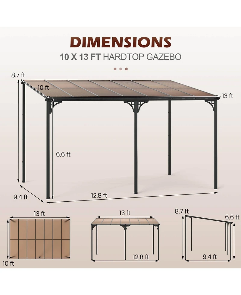 Costway 10' X 13' Wall-Mounted Patio Gazebo with Sloped Polycarbonate Roof Metal Frame