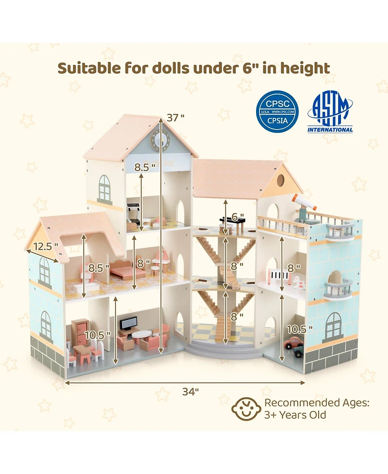 Mecale Wooden Corner Dollhouse Playset with 41 Pieces of Accessories for Kids Ages 3 and Up