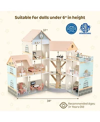 Mecale Wooden Corner Dollhouse Playset with 41 Pieces of Accessories for Kids Ages 3 and Up