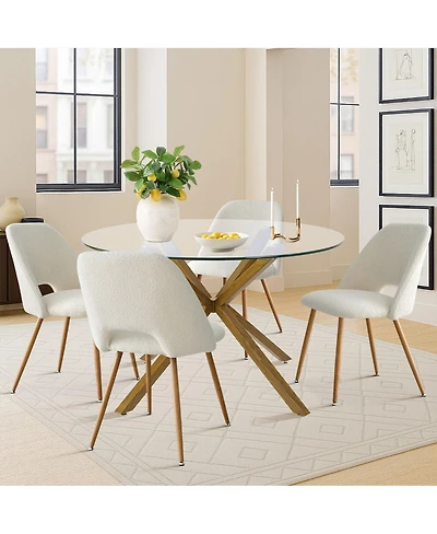 Maison Boucle 5-Piece Modern Round Glass Mid-Century Table & Upholstered Chairs Dining Set