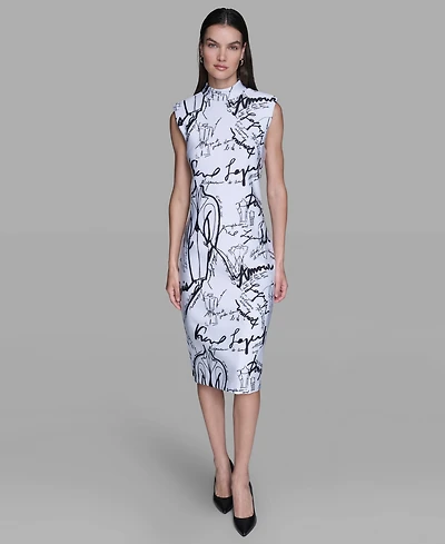 Karl Lagerfeld Paris Women's Printed Print Mock Neck Scuba Sheath Dress