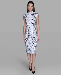 Karl Lagerfeld Paris Women's Printed Print Mock Neck Scuba Sheath Dress