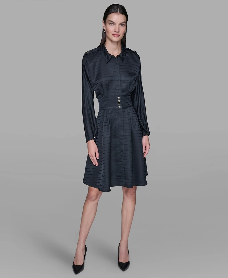 Karl Lagerfeld Paris Women's Tonal Long Sleeve Collared Jacquard Dress