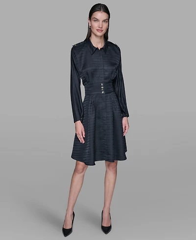 Karl Lagerfeld Paris Women's Tonal Long Sleeve Collared Jacquard Dress