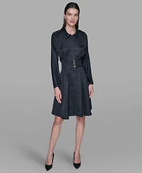 Karl Lagerfeld Paris Women's Tonal Long Sleeve Collared Jacquard Dress