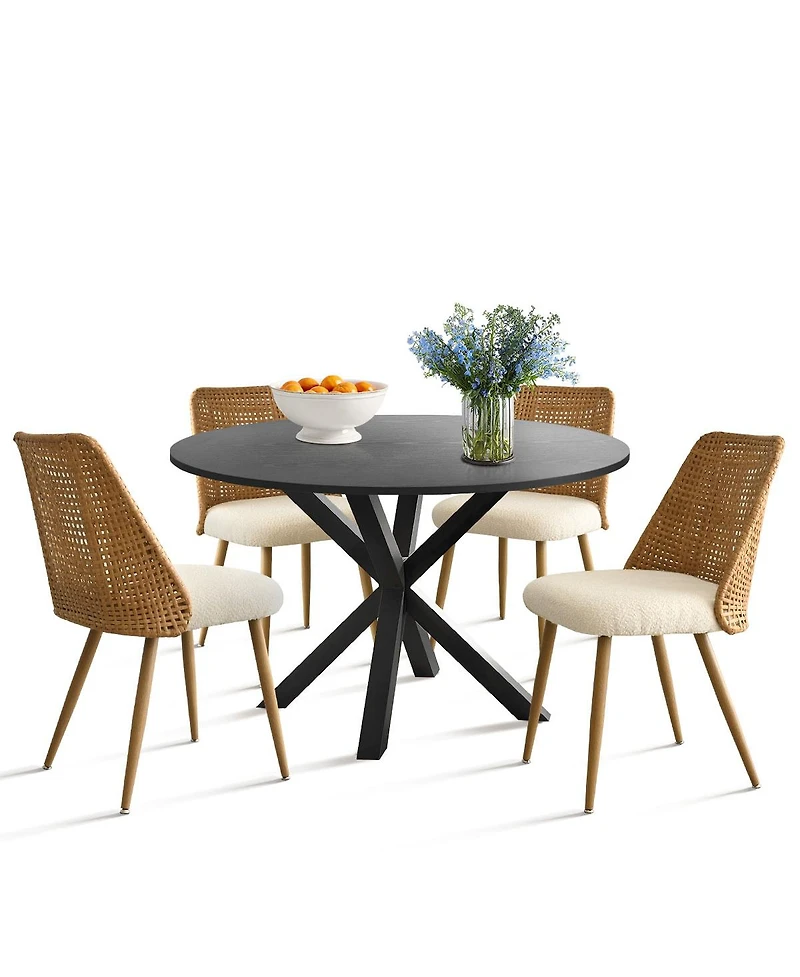 Maison Boucle 5-Piece Round Glass Dining Set, Modern Kitchen Table with Oak Finish Metal Legs and 4 Upholstered Chairs for Small Spaces