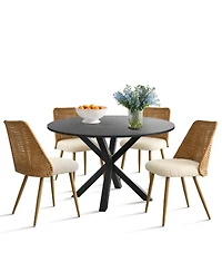 Maison Boucle 5-Piece Round Glass Dining Set, Modern Kitchen Table with Oak Finish Metal Legs and 4 Upholstered Chairs for Small Spaces