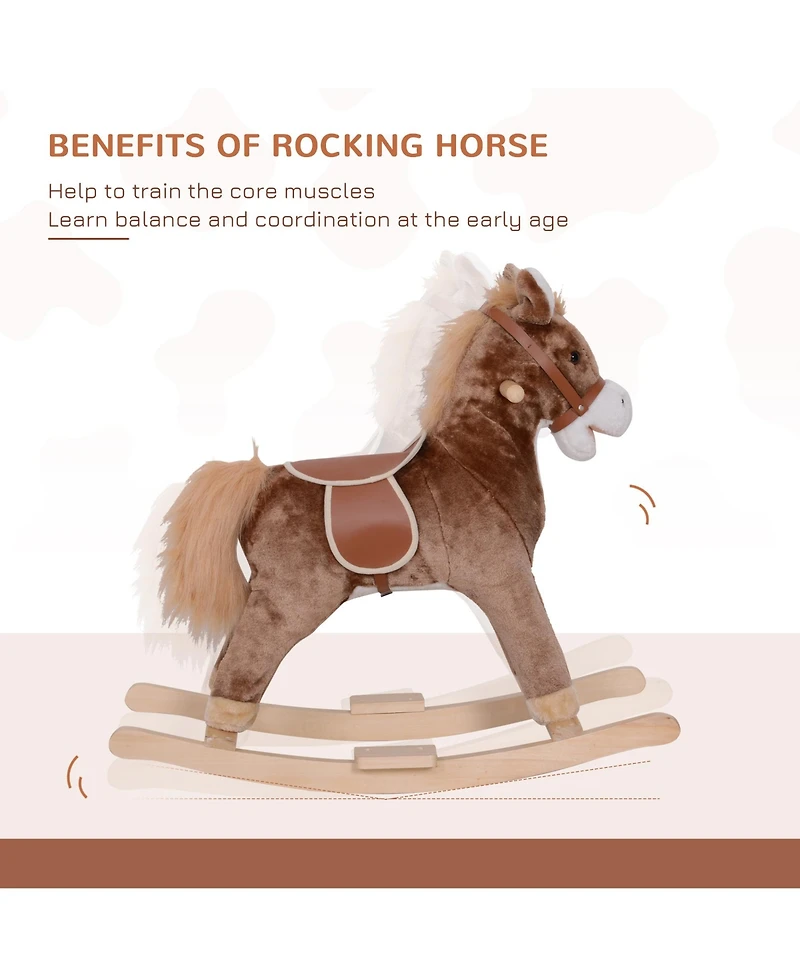 Qaba Kids Rocking Horse with Soft Plush Body & Wooden Base for Years 3+