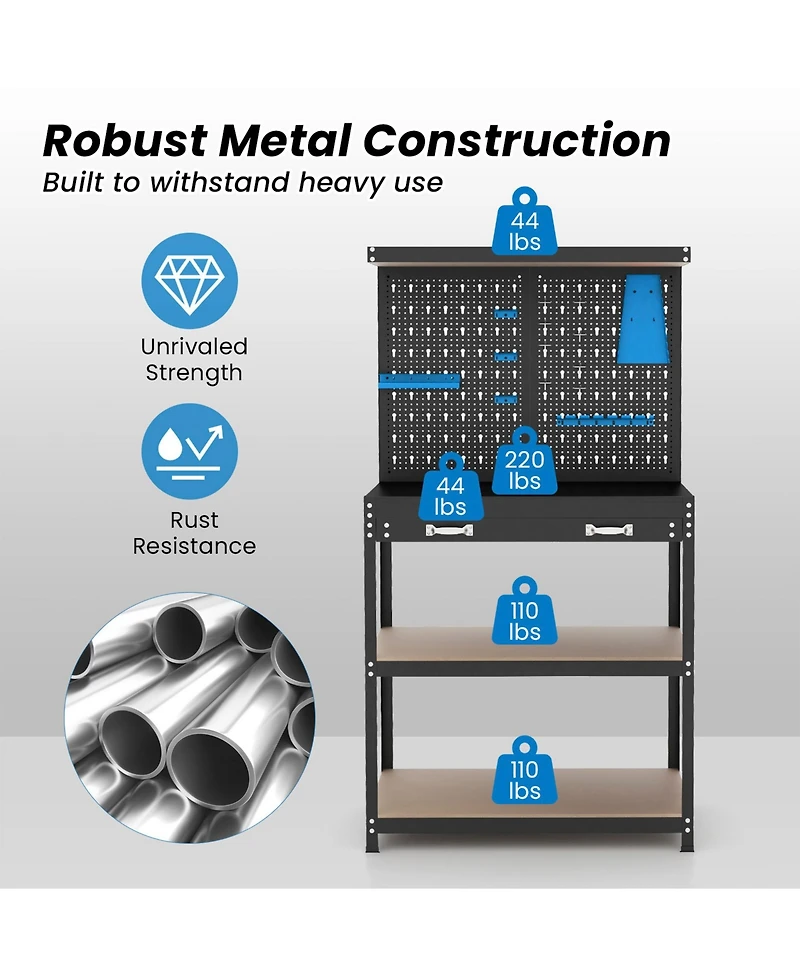 Sugift Tool Storage Workbench with Pegboard with 14 Hanging Accessories for Garage-Black and Blue