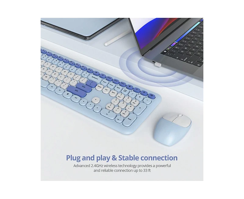 Risokeys Retro Typewriter Wireless Keyboard And Mouse Set - Full-Size Slim Design, Low-Noise - Blue